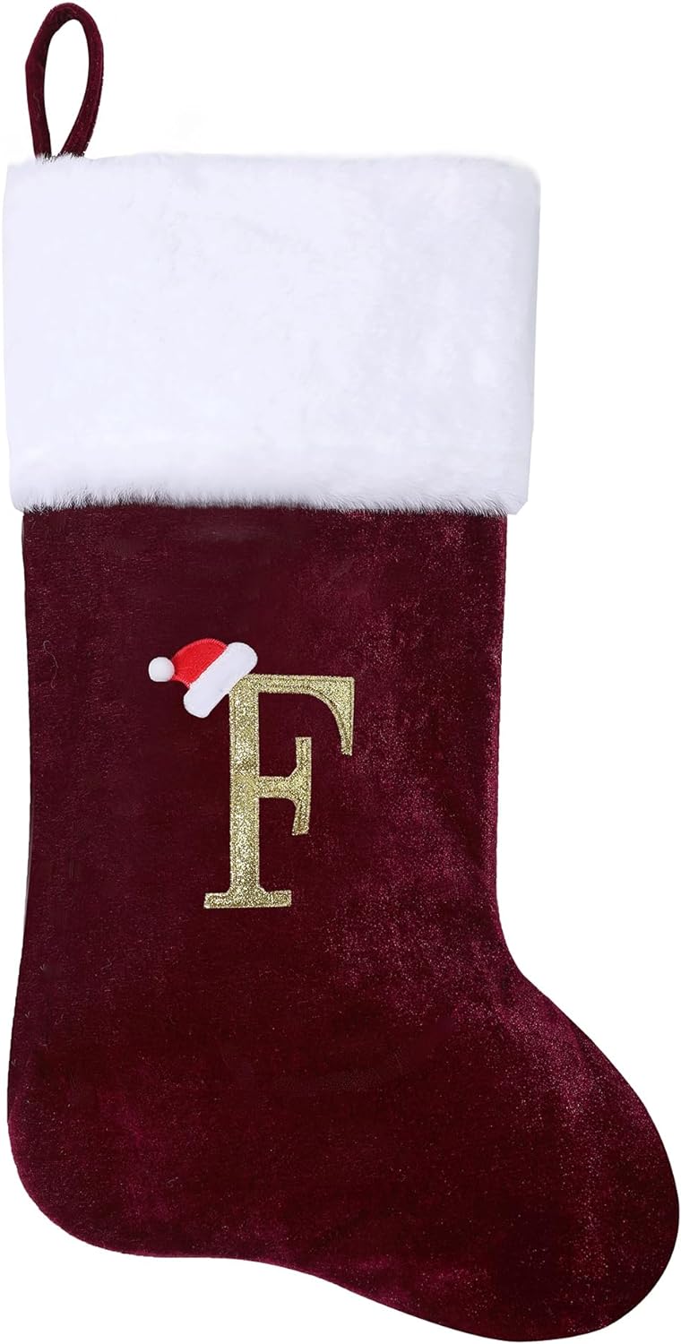 Eoocan 20 Inches Monogram Christmas Stockings Red Velvet with White Super Soft Plush Cuff Embroidered Xmas Stockings Classic Personalized Stocking Decorations for Family Holiday Season Decor(Letter J)