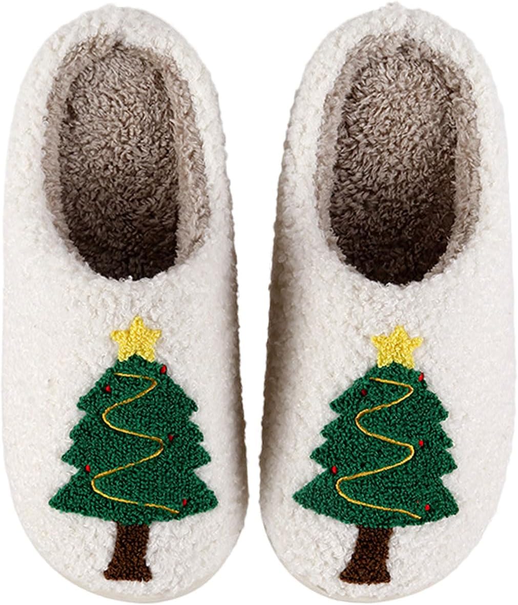 Christmas Slippers For Women Men Indoor Soft Warm Cotton Bedroom Reindeer Slippers House Memory Foam Slippers Cozy Fluffy Fall Winter Home Slippers