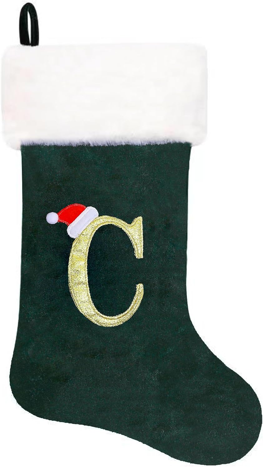 Eoocan 20 Inches Monogram Christmas Stockings Red Velvet with White Super Soft Plush Cuff Embroidered Xmas Stockings Classic Personalized Stocking Decorations for Family Holiday Season Decor(Letter J)