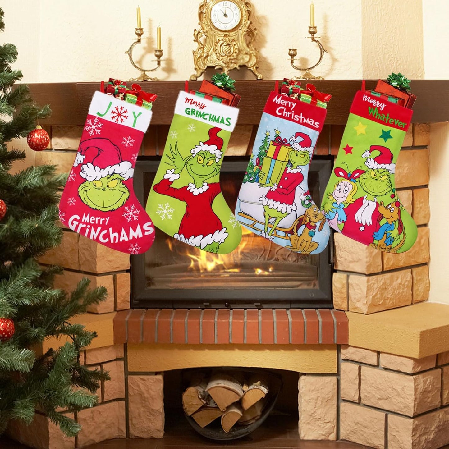 GYGOT 4 Pack Grinchs Christmas Stocking,18 Inch Large Grinchs Stockings Christmas Whoville Decorations for Family Holiday Party Decor