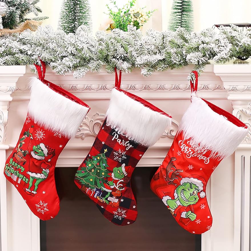 Adurself 3 Pack Christmas Stocking, 17.7 inches Large Stockings Candy Gift Socks Christmas Ornament Decorations for Family Holiday Xmas Party Decorations