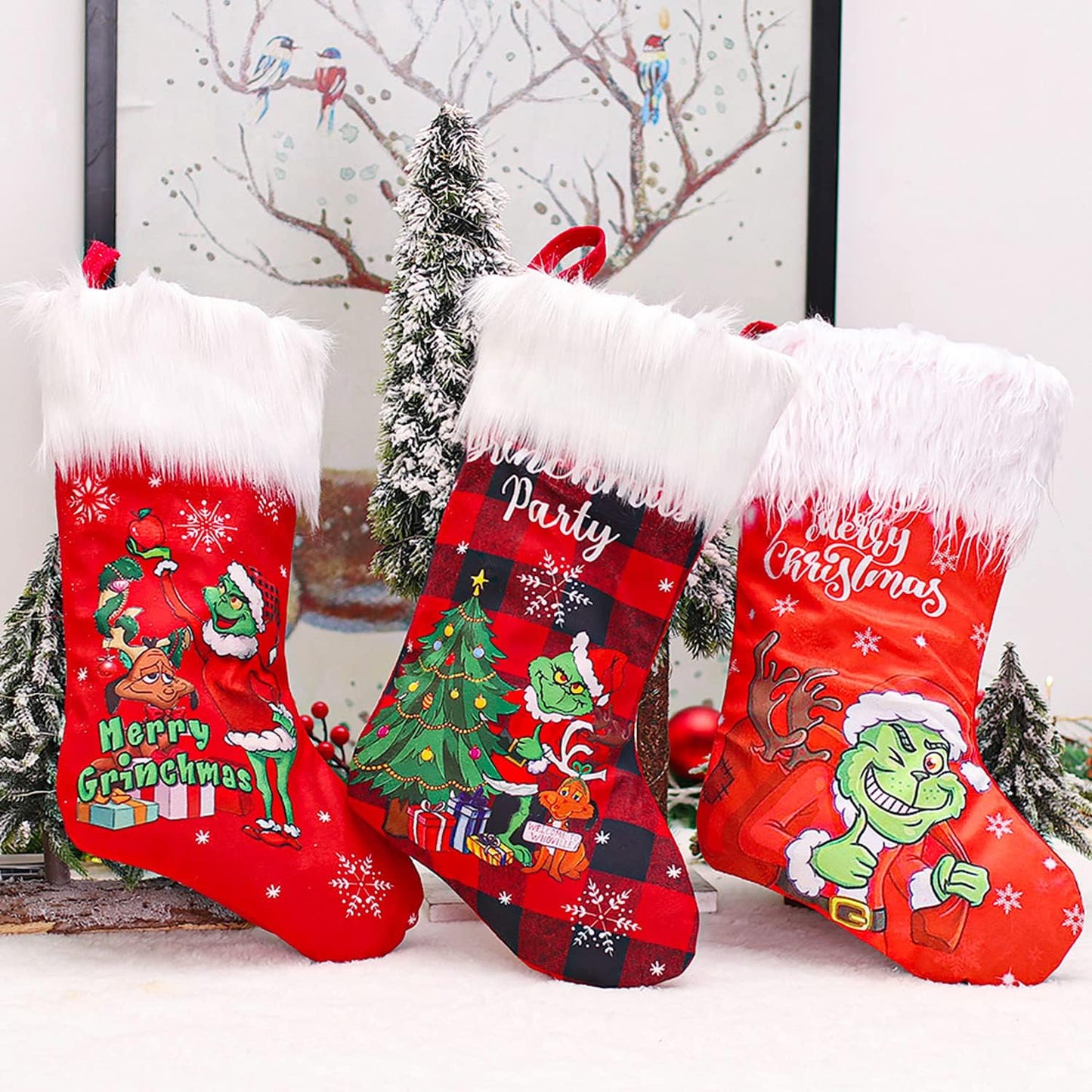 Adurself 3 Pack Christmas Stocking, 17.7 inches Large Stockings Candy Gift Socks Christmas Ornament Decorations for Family Holiday Xmas Party Decorations