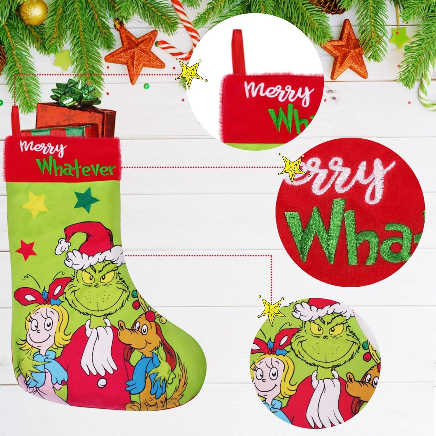 GYGOT 4 Pack Grinchs Christmas Stocking,18 Inch Large Grinchs Stockings Christmas Whoville Decorations for Family Holiday Party Decor