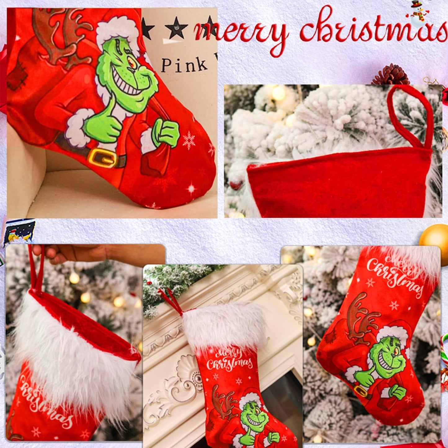 Adurself 3 Pack Christmas Stocking, 17.7 inches Large Stockings Candy Gift Socks Christmas Ornament Decorations for Family Holiday Xmas Party Decorations
