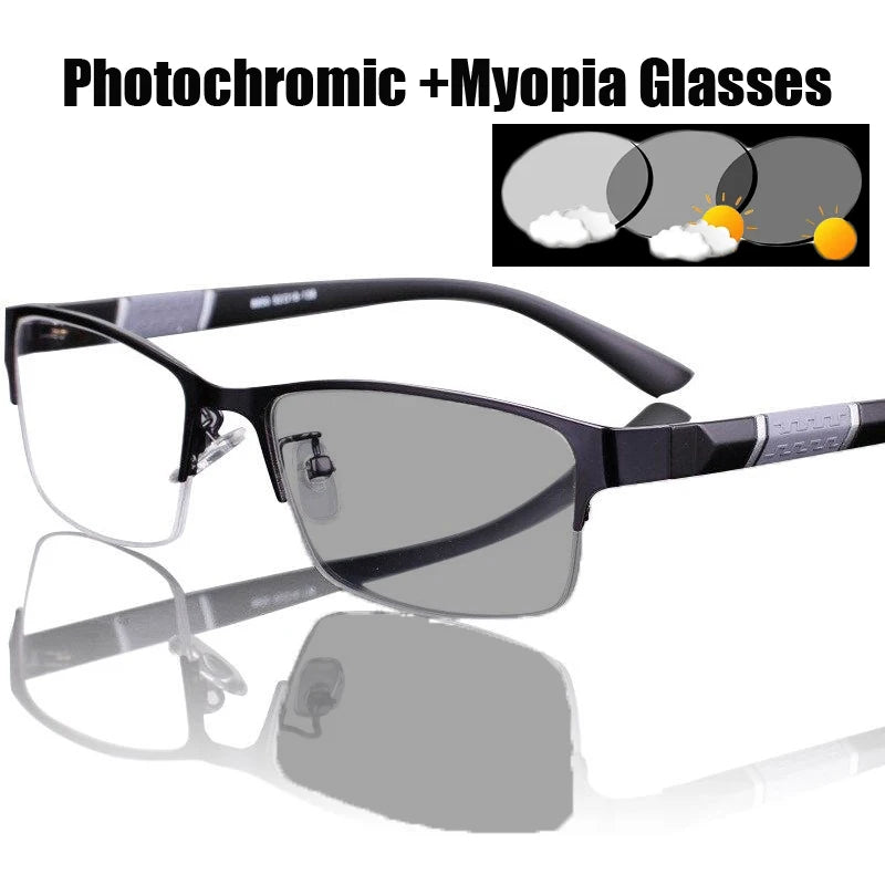 Business Men's Metal Half Frame Myopia Glasses Fashion Finished Optical Prescription Near Sight Eyeglasses Unisex Sunglasses