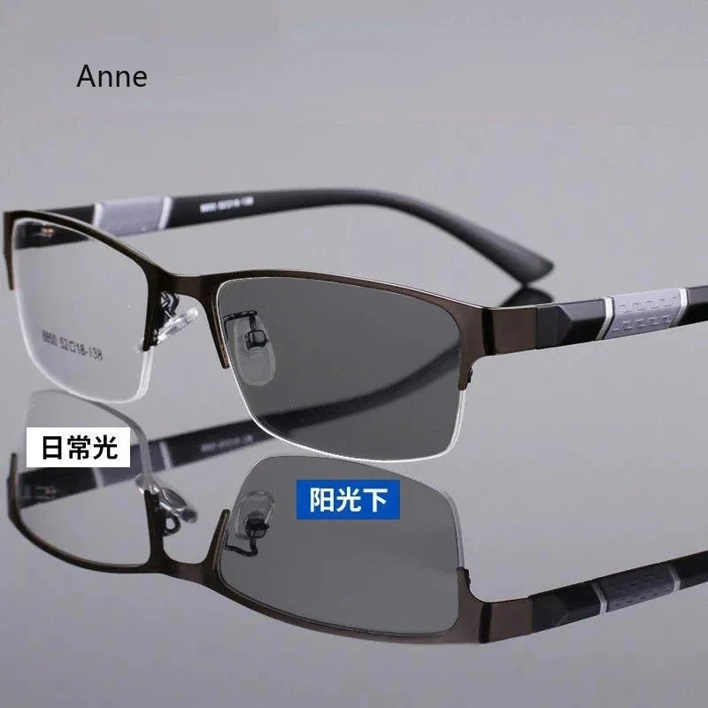Half Frame Photochromic Myopia Glasses Men Business Metal Anti-blue Light Outdoor UV400 Color Changing очки для зрения на минус