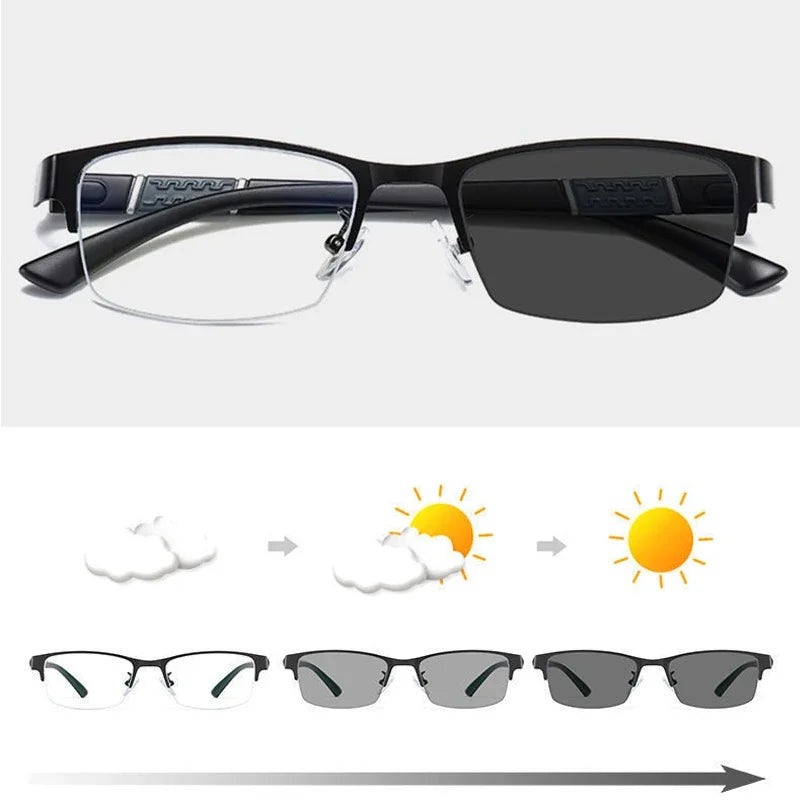 Men's Photochromic Myopia Glasses Square Smart Short Sighted Finished Eyewear Unisex Metal Business Half Frame Eyeglasses