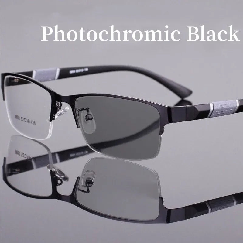 Men's Photochromic Myopia Glasses Square Smart Short Sighted Finished Eyewear Unisex Metal Business Half Frame Eyeglasses