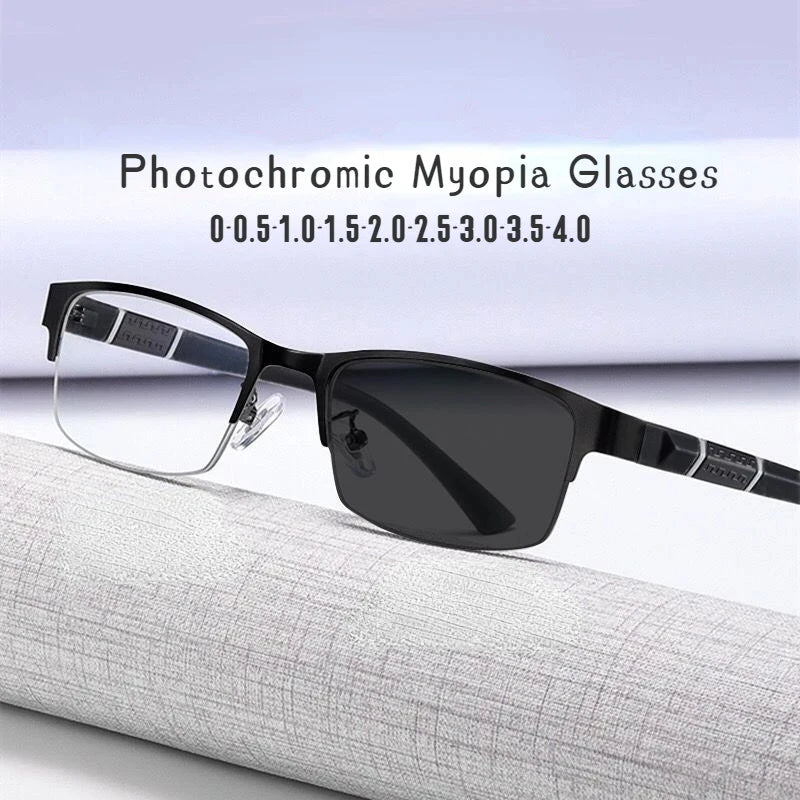Men's Vintage Business Photochromic Myopia Glasses Half Frame Metal Blue Light Blocking Eyewear Classic UV Shades Sunglasses