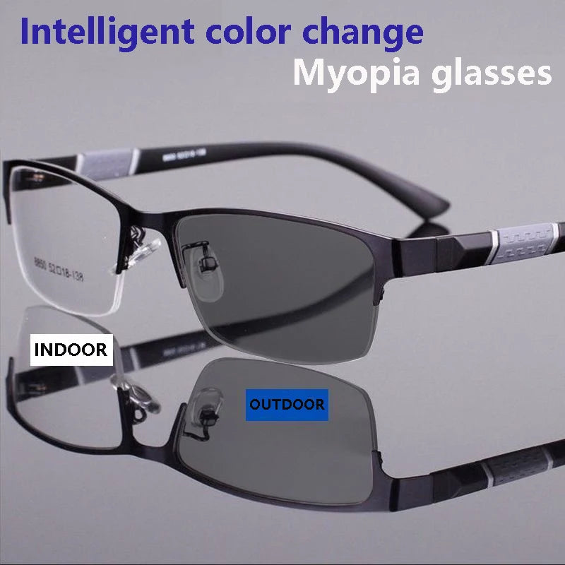 Men's Vintage Business Photochromic Myopia Glasses Half Frame Metal Blue Light Blocking Eyewear Classic UV Shades Sunglasses