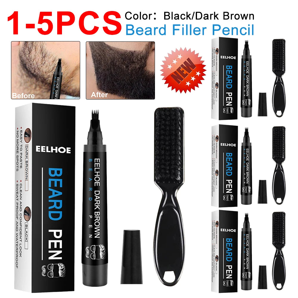 Pencil Filler For Men Black Brown 4-Tip Beard Pen Waterproof & Long Lasting Natural Makeup Detailing Filler Moustache & Eyebrows