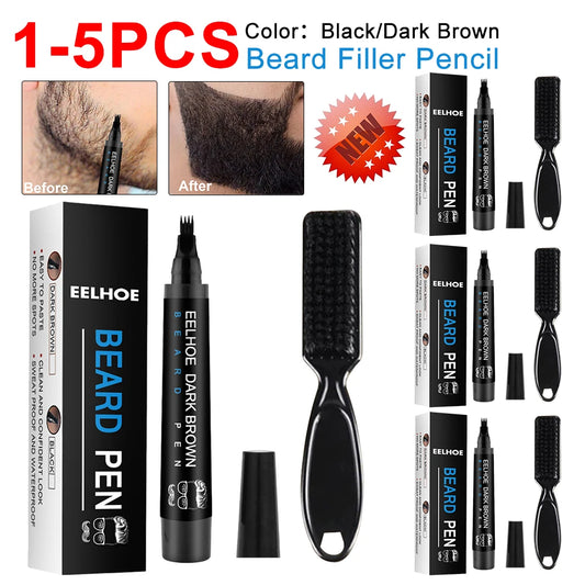 Pencil Filler For Men Black Brown 4-Tip Beard Pen Waterproof & Long Lasting Natural Makeup Detailing Filler Moustache & Eyebrows