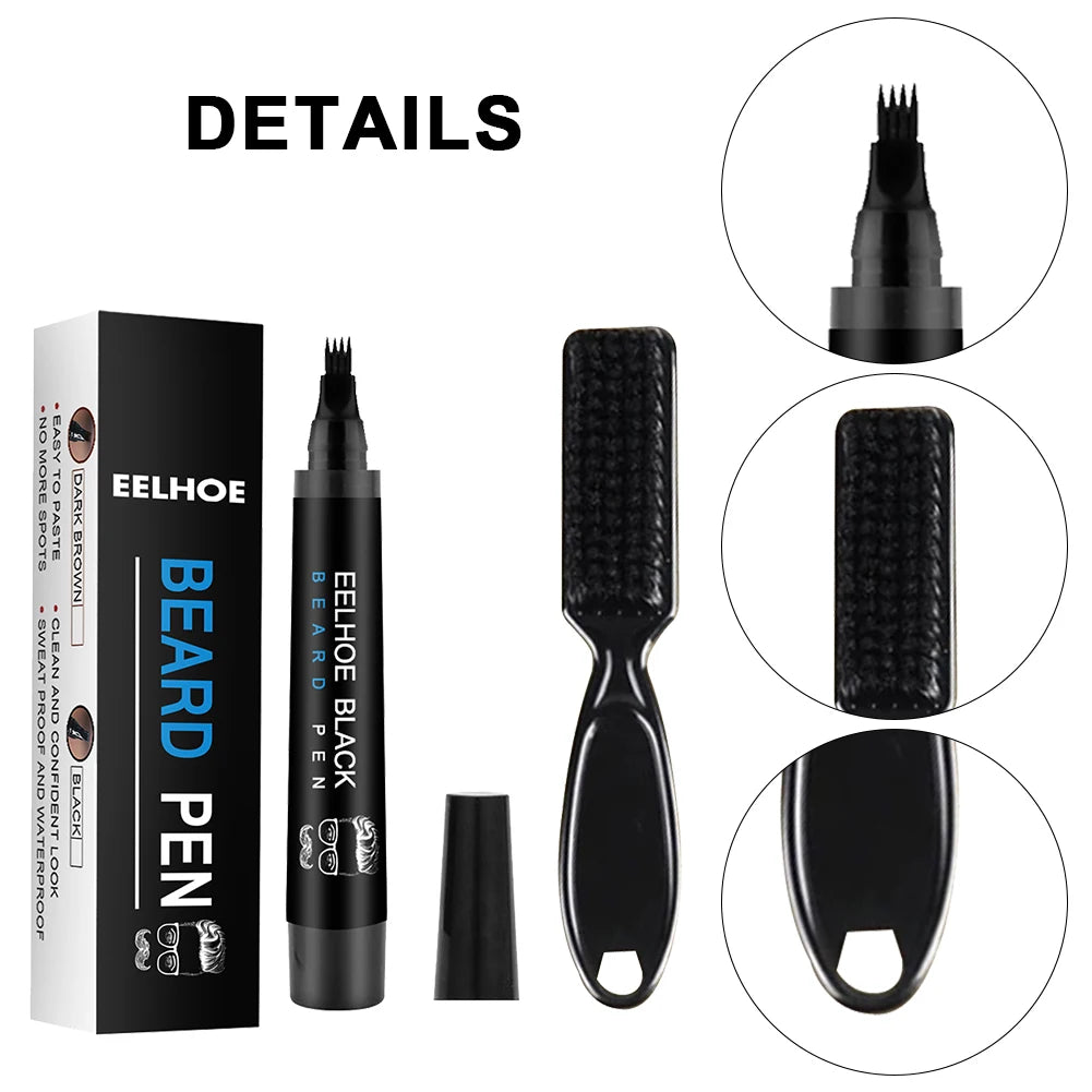 Pencil Filler For Men Black Brown 4-Tip Beard Pen Waterproof & Long Lasting Natural Makeup Detailing Filler Moustache & Eyebrows