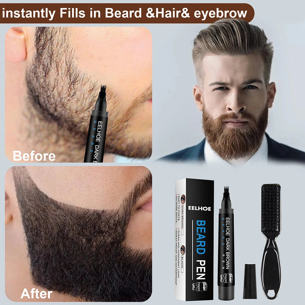 Pencil Filler For Men Black Brown 4-Tip Beard Pen Waterproof & Long Lasting Natural Makeup Detailing Filler Moustache & Eyebrows