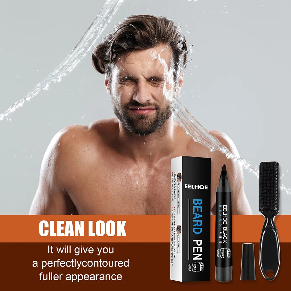 Pencil Filler For Men Black Brown 4-Tip Beard Pen Waterproof & Long Lasting Natural Makeup Detailing Filler Moustache & Eyebrows