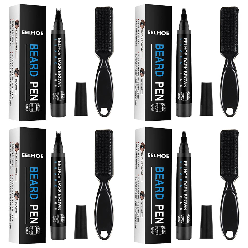 Pencil Filler For Men Black Brown 4-Tip Beard Pen Waterproof & Long Lasting Natural Makeup Detailing Filler Moustache & Eyebrows