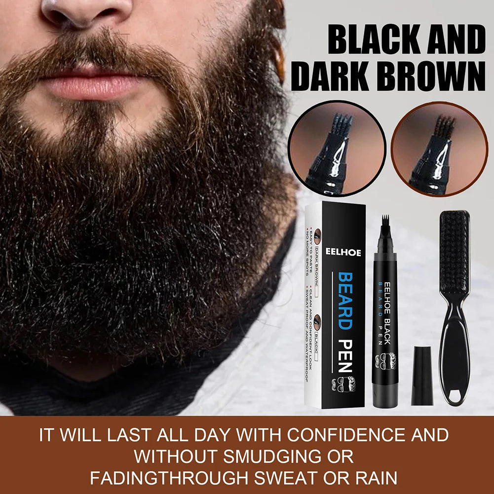 Pencil Filler For Men Black Brown 4-Tip Beard Pen Waterproof & Long Lasting Natural Makeup Detailing Filler Moustache & Eyebrows