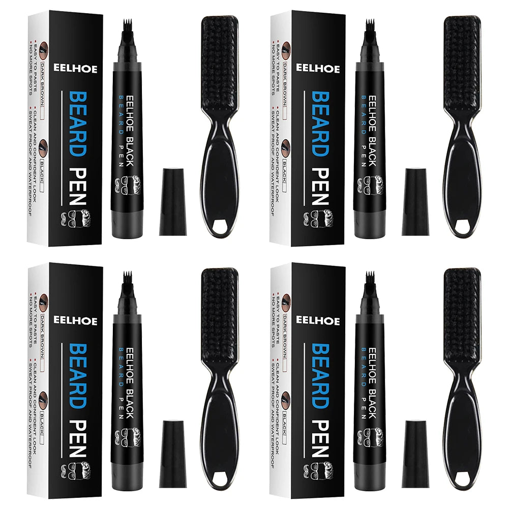 Pencil Filler For Men Black Brown 4-Tip Beard Pen Waterproof & Long Lasting Natural Makeup Detailing Filler Moustache & Eyebrows