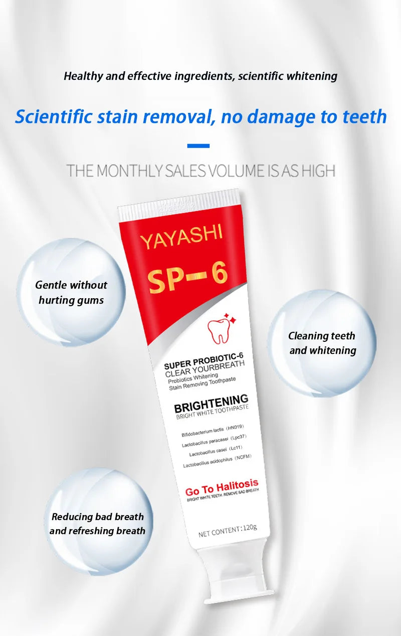 SP-6 Probiotic Toothpaste Whitening Tooth Remove Plaque Stains Teeth Whitener Oral Hygiene Clean Fresh Breath Denta 120g New