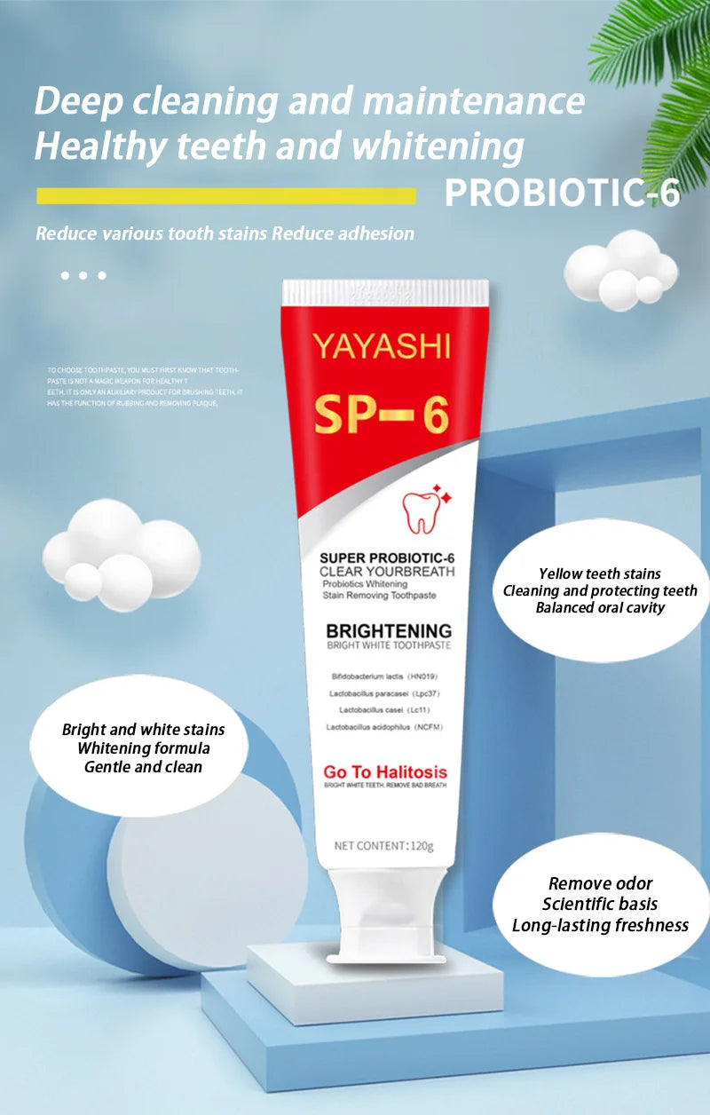 SP-6 Probiotic Toothpaste Whitening Tooth Remove Plaque Stains Teeth Whitener Oral Hygiene Clean Fresh Breath Denta 120g New