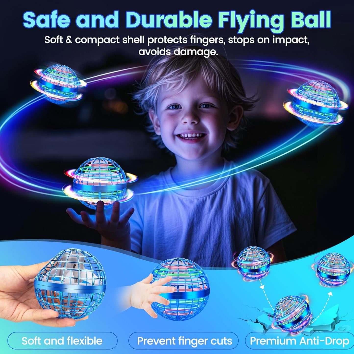 Flying Ball Toys Hover Orb, 2022 Upgraded Rechargeable Controller Mini Drone, 360Rotating Soaring Hand Operated Safe UFO Toys Cool Things with LED Lights for Kids Adults Outdoor Indoor(Blue)